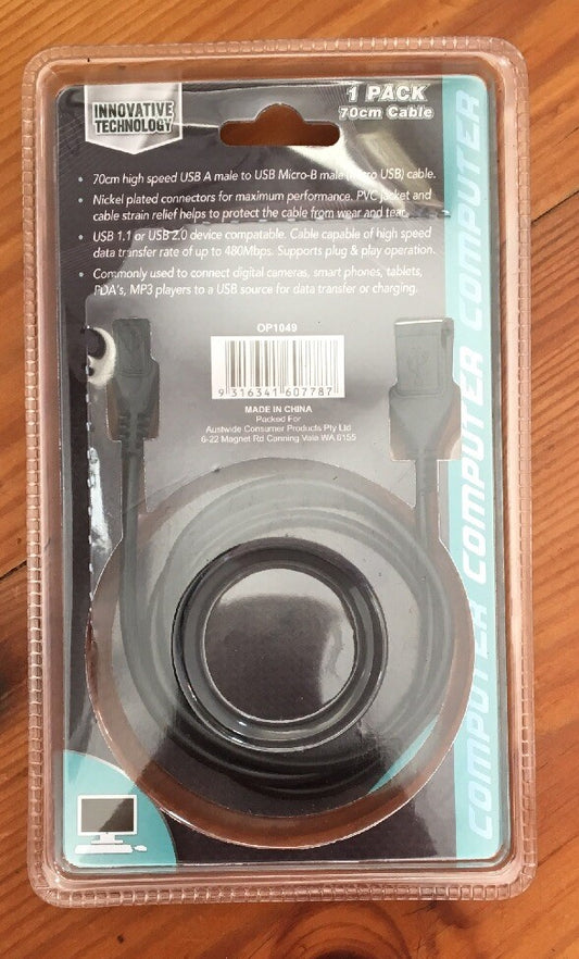 Opti Power Black 70cm USB A to Micro B Male Cable Brand New