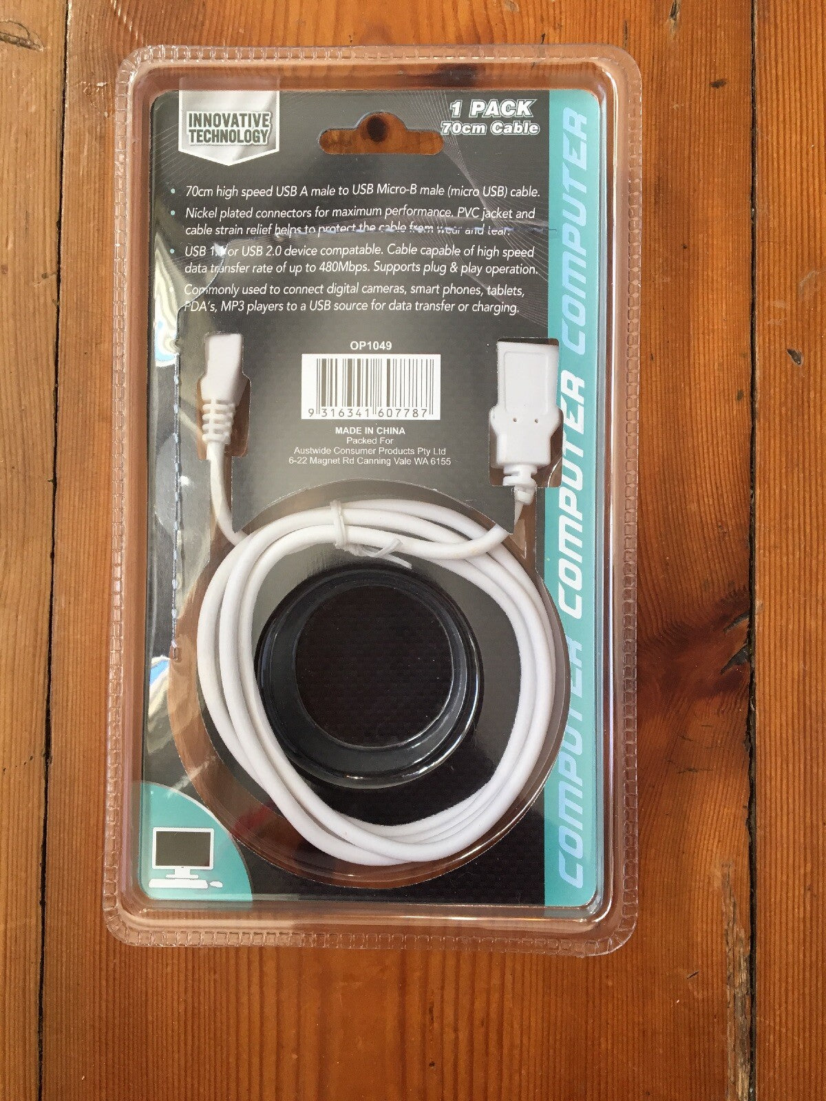 Opti Power White 70cm USB A to Micro B Male Cable Brand New Sealed