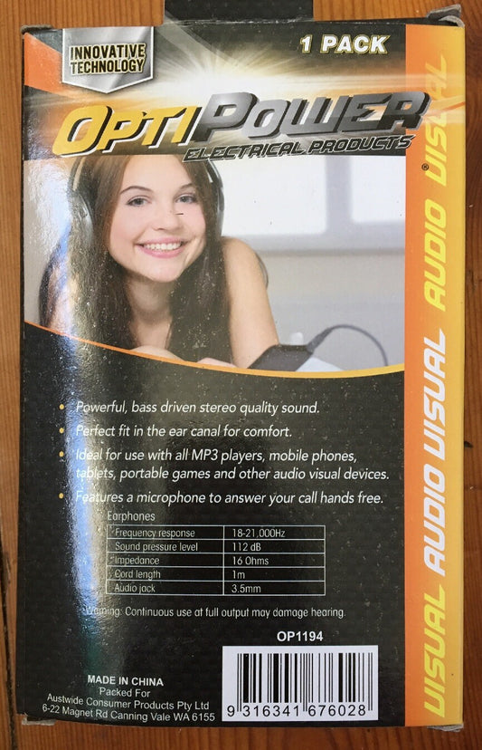 Opti Power Black/White 1m 3.5mm jack Headphones with Mic Cable Brand New