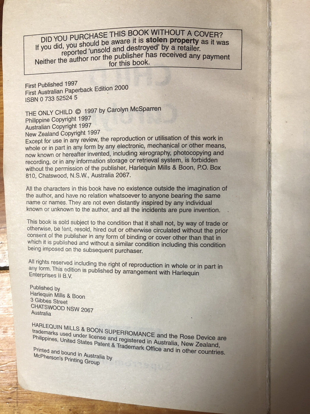 The Only Child Carolyn McSparren Harlequin Mills Boon In ok Condition