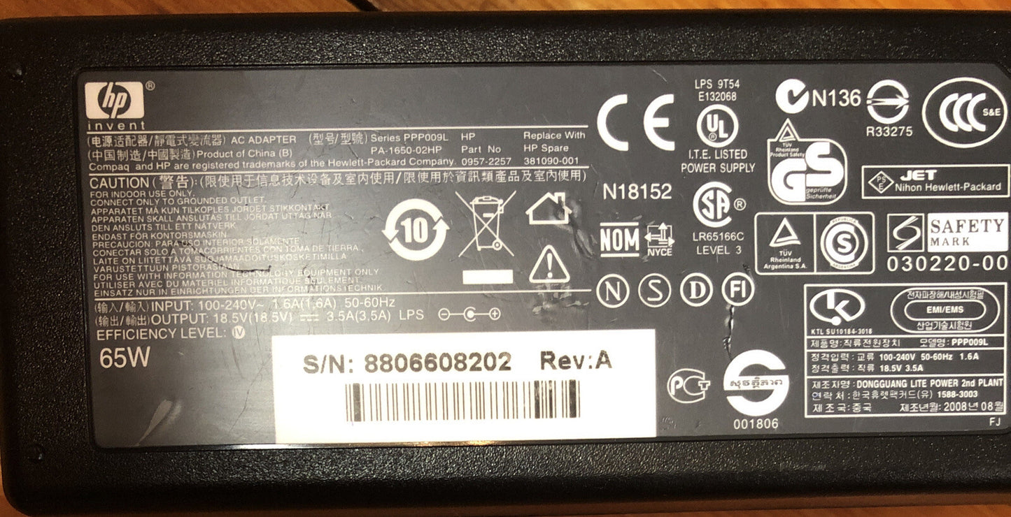 304 Genuine HP Power Adapter, PPP009L, 0957-2257, 381090-001, PA-1650-02HP, 65W