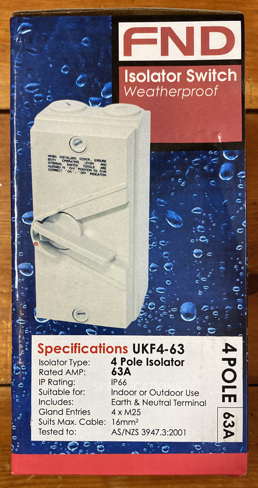 FND Isolator Switch Weatherproof IP66 4 Pole 63A Isolators Surface Mount