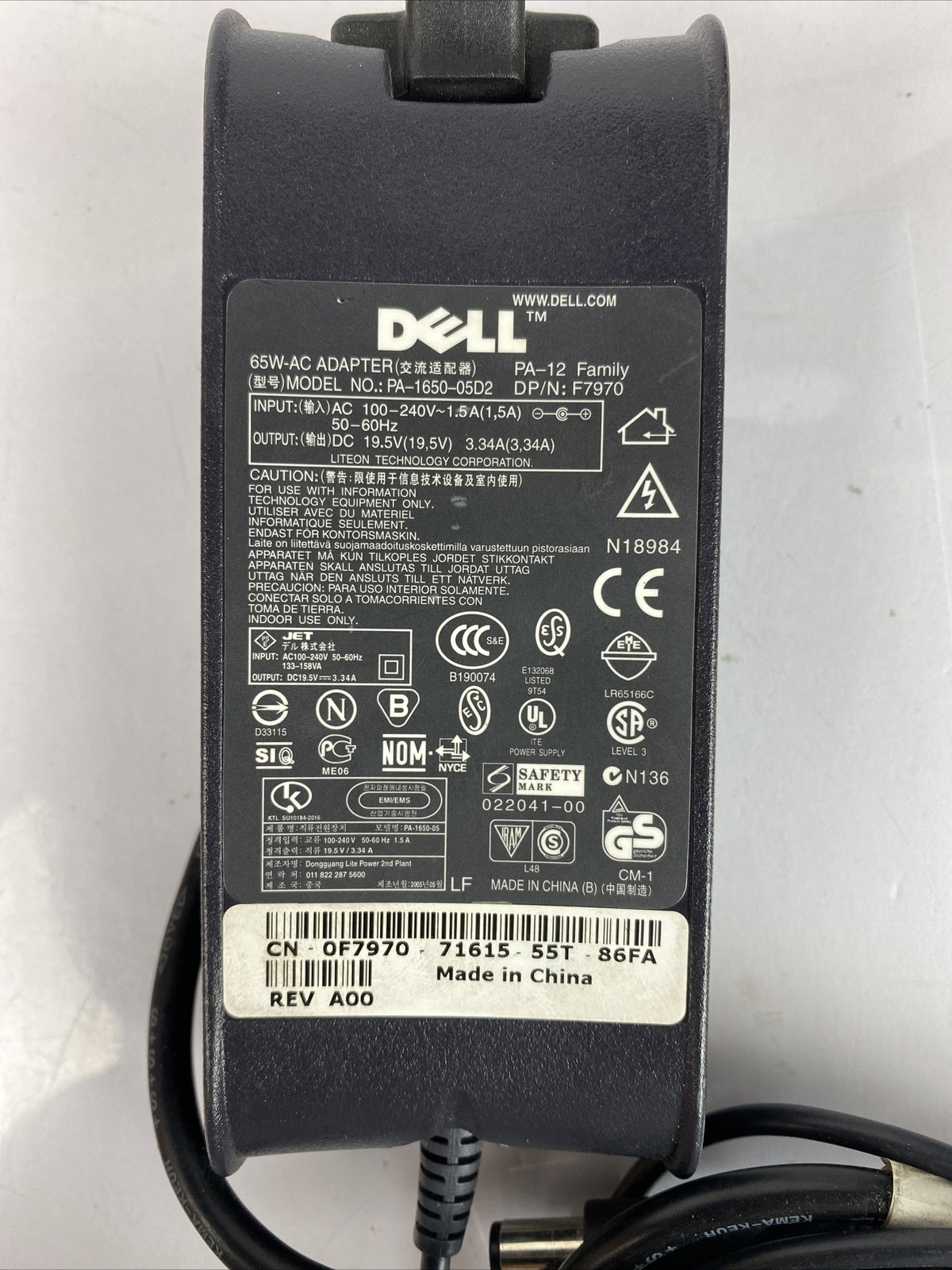 M1089 Genuine Dell Adapter Charger PA-1650-05D2 19.5V 3.34A 7.2mm Connector