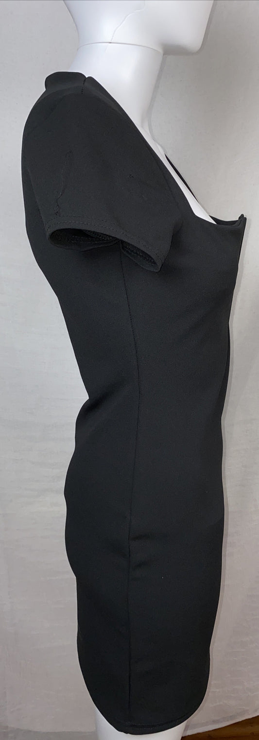 Pretty Little Thing Black Short Sleeve V Plunge Bodycon Dress Size 8 New F451