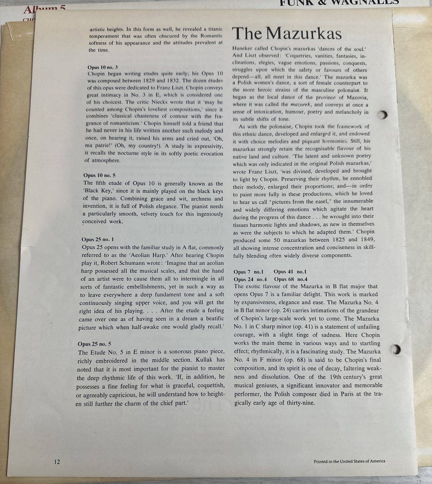 CHOPIN - Family Library Of Great Music Album 5 1976 -12" Record Vinyl LP 4244