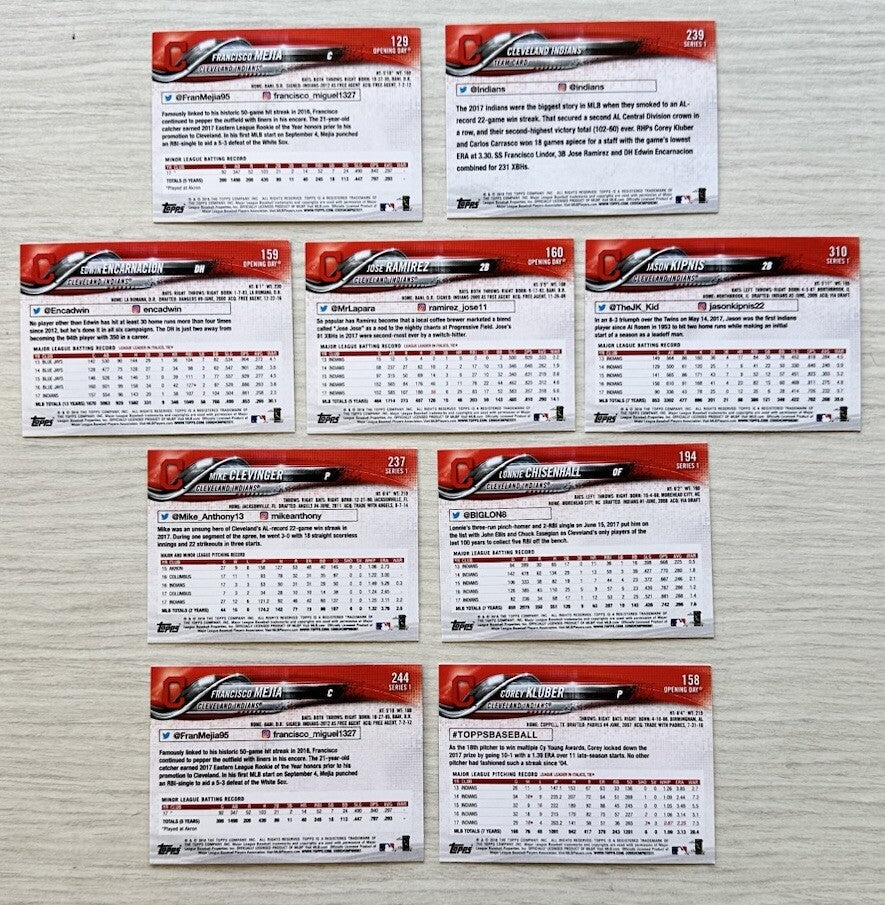 9 X Cleveland Indians Topps Baseball Cards 2018 Collection Good Condition 4181