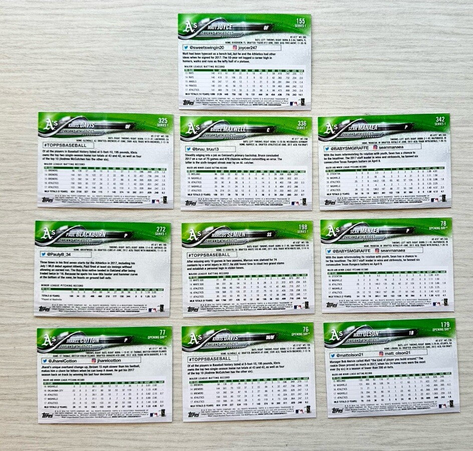 10 X Oakland Athletics Topps Baseball Cards 2018 Collection In Good Cond 4181