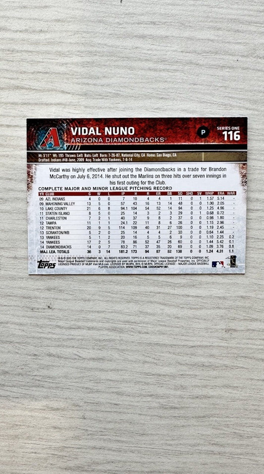 Vidal Nuno - Arizona Diamondbacks Topps Baseball Cards 2015 In Good Cond 4175