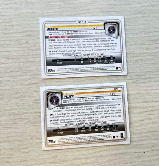 2 X Milwaukee Brewers Topps Baseball Cards 2020 Collection In Good Cond 4180