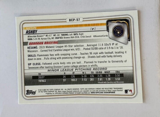Aaron Ashby 2020 Bowman Chrome - Milwaukee Brewers Topps Baseball Card 4180
