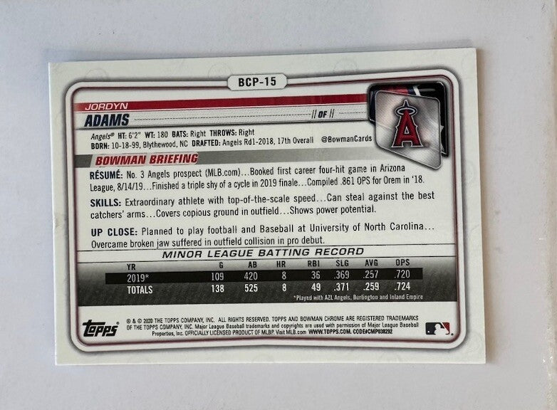 Jordyn Adams 2020 Bowman Chrome & Prospects Topps Baseball Card 4180