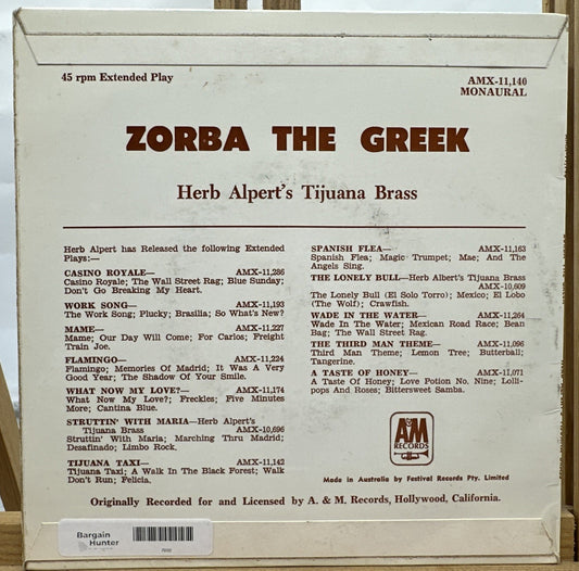Herb Alpert & The Tijuana Brass, Zorba The Greek 7” Record In Good Condition7892