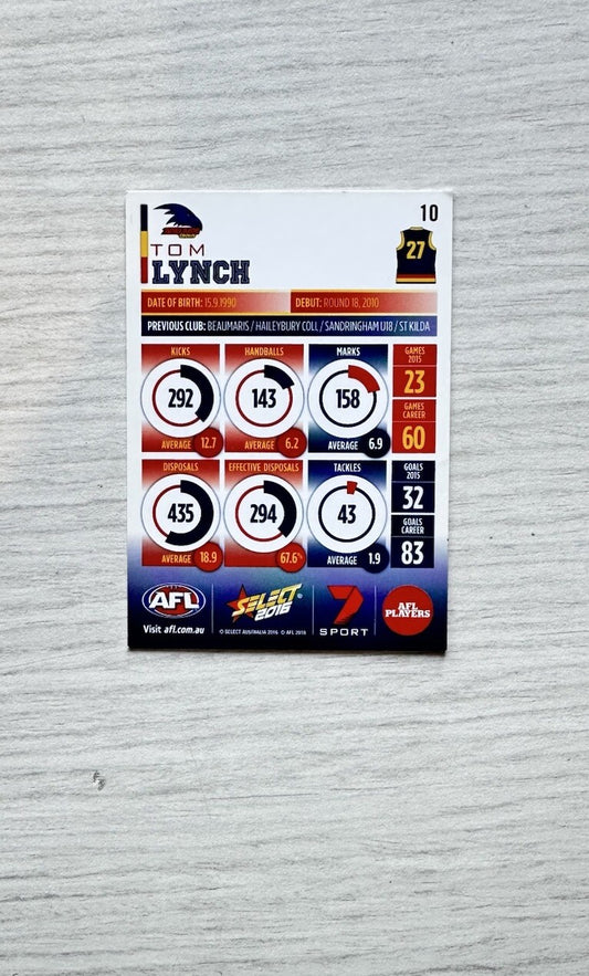 Tom Lynch - Adelaide Crows AFL Football Select 2016 Trading Card In GC 6387