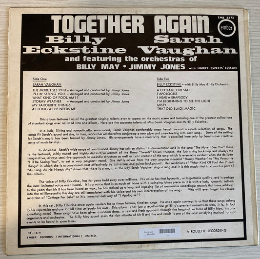 Sarah Vaughan & Billy Eckstine Together Again Vintage Vinyl Record 3407