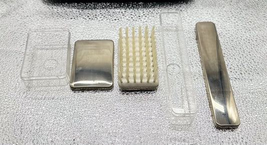 Vintage Western Germany Ground Leather Chrome Vanity Travel Kit In GC 4448