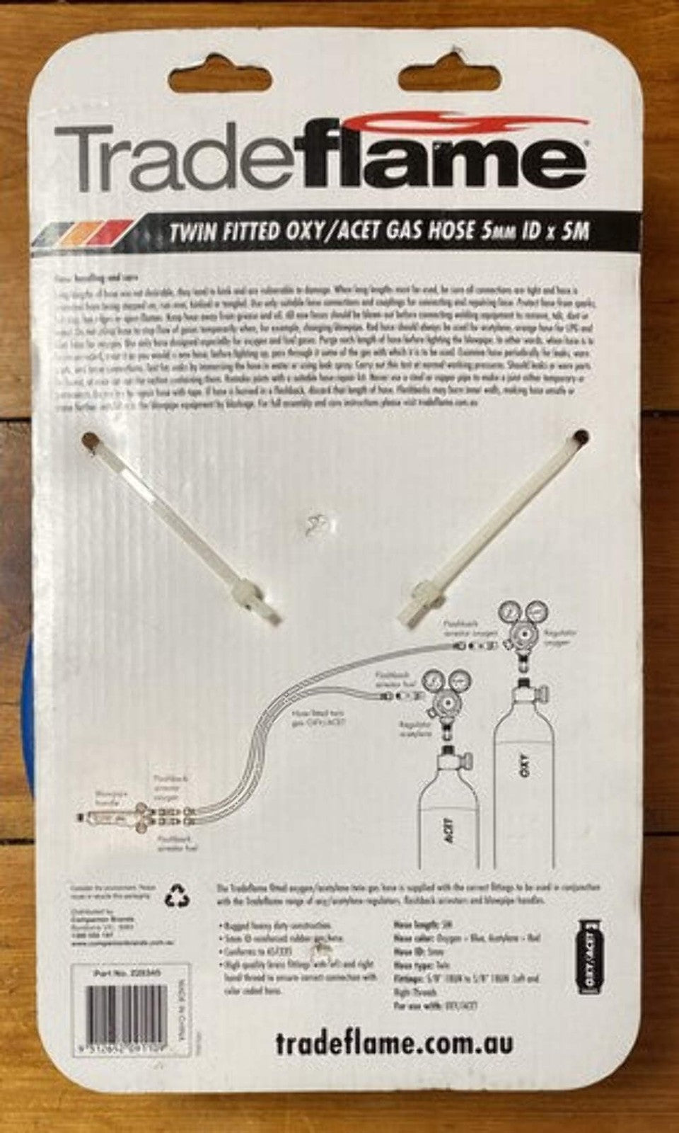 Trade Flame Twin Fitted Oxy/Acet Gas Hose 5mm ID x 5M Part No 228345 Brand New