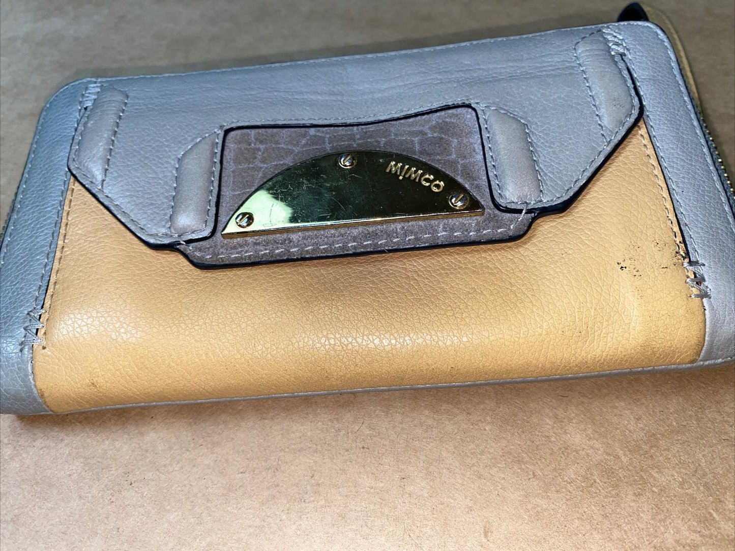 M686 Genuine Mimco Tan / Lilac Wallet Purse In Good Condition + Free Post
