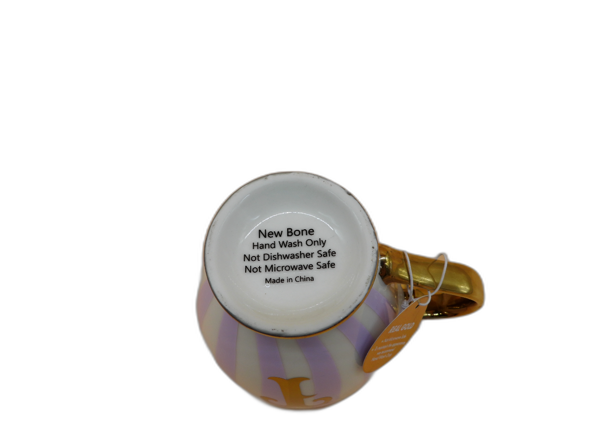 Striped Pink and White Mug With Gold Handle and Rim