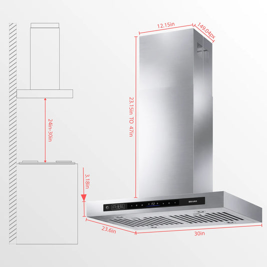 BRANO 30-Inch Island Range Hood Stainless Steel, Ducted/Ductless Option - 900 CFM, Smart Controls, Easy Install