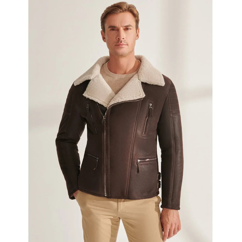 Denny&Dora Men's Aviator Shearling Jacket Brown Leather Warm Coats Men