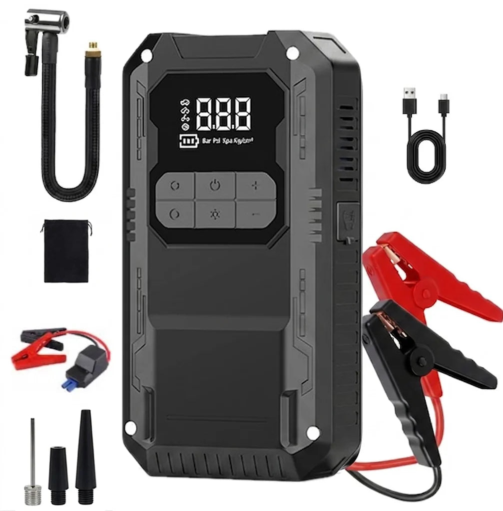 Qenrix 4in1 Portable Jump Starter with 150PSI Cordless Air Pump, 12V Car Battery Booster, Digital Tire Inflator with LED Light