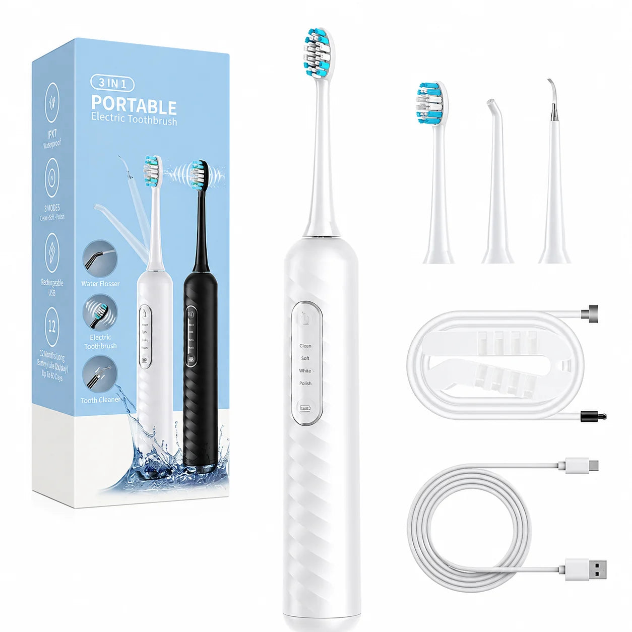 3 in 1 Electric Toothbrush With Water Flosser Cleaning Kit with 7 Modes IPX7 Waterproof Teeth Cleaner For Travel and Home
