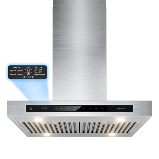 BRANO 36-Inch Island Range Hood with Ducted/Ductless Flex Install - 900 CFM, Smart Voice/Gesture/Touch Control