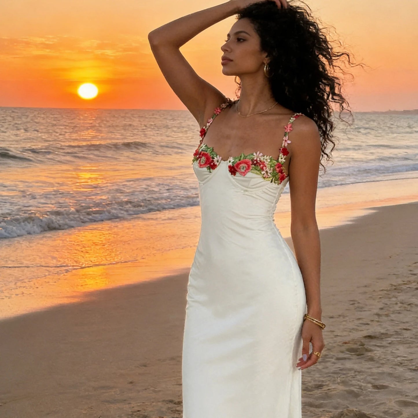 Satin Sling Bodycon Long Dress Women Flower Embroidery Sleeveless Spaghetti Strap Cocktail Dress Summer Party Club Skinny Dress