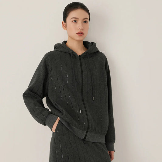 KL9523335 Women's High-End Casual Knit Hoodie Wool Blend Zipper Jacket Elegant Autumn Winter Fashion for Ladies