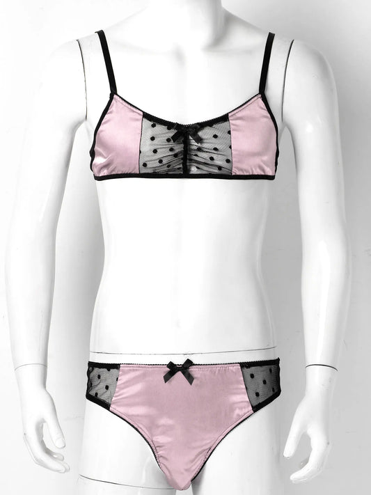 Men Satin Lingerie Suit Sissy Nightwear Sheer Mesh Patchwork Bra Tops with Briefs Thongs Exotic Sleepwear Gay Male Underwear