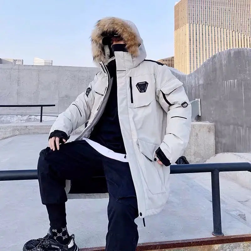 Men's White Duck Down Jacket Cargo Warm Hooded Thick Puffer Coats Couple High Quality Overcoat Thermal Winter Parka Streetwear