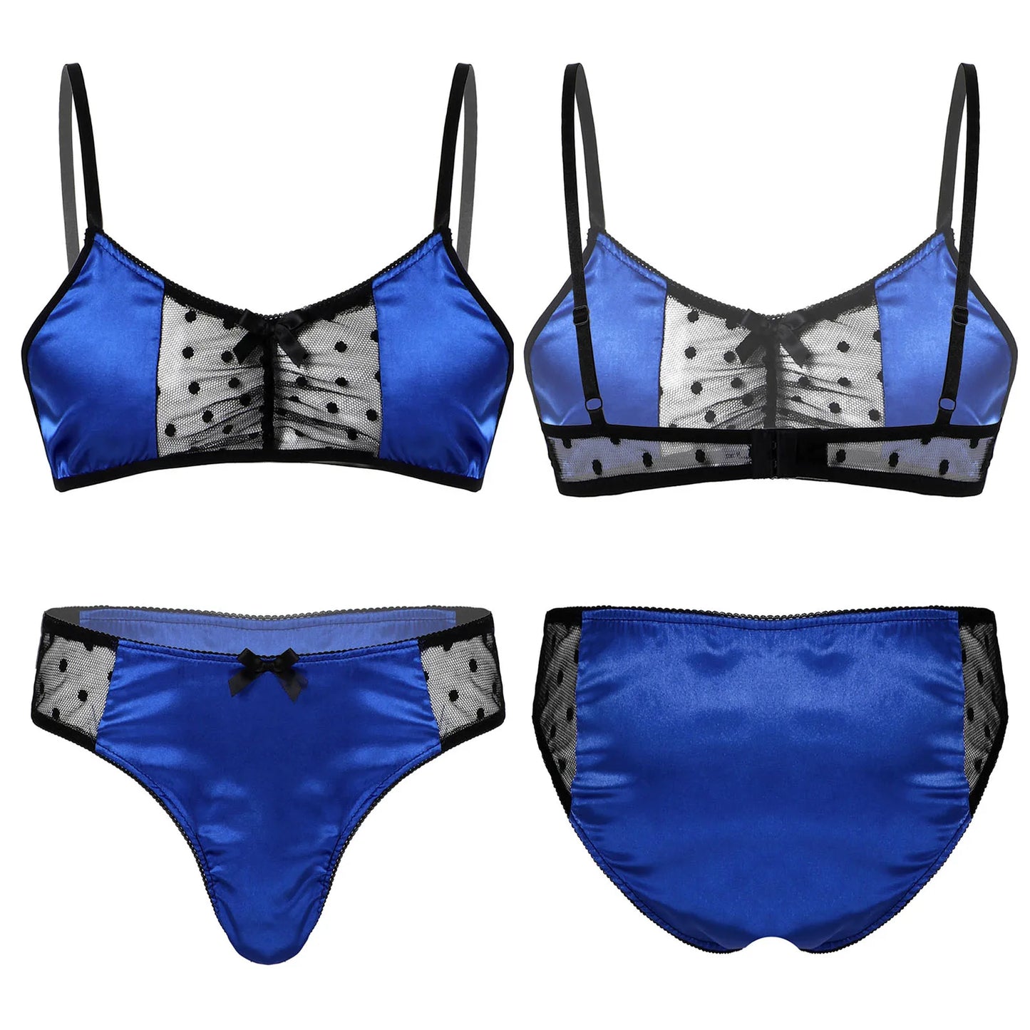 Men Satin Lingerie Suit Sissy Nightwear Sheer Mesh Patchwork Bra Tops with Briefs Thongs Exotic Sleepwear Gay Male Underwear