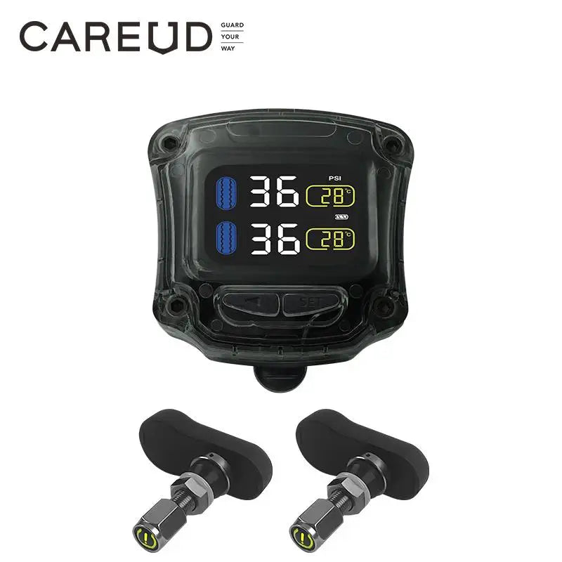 Careud TPMS Wireless Motorcycle Tire Pressure Monitoring System with 2 Internal/External Sensors LED Display USB Charge
