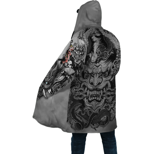 2024 winter Mens Hooded cloak Samurai Oni Mask Tattoo 3D Printing Fleece wind breaker Unisex Casual Warm Hood cloak PF04