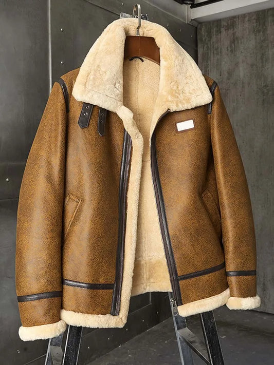 Denny&Dora Men's Brown Leather Shearling Bomber Jacket B3 Winter Parka Fur Coat Natural Sheepskin Outerwear for Cold Weather