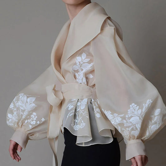 TWOTWINSTYLE Vintage Organza Women Blouse Lapel Collar Lace Up Bow Lantern Long Sleeve Hit Color Shirt Female Fashion 2020