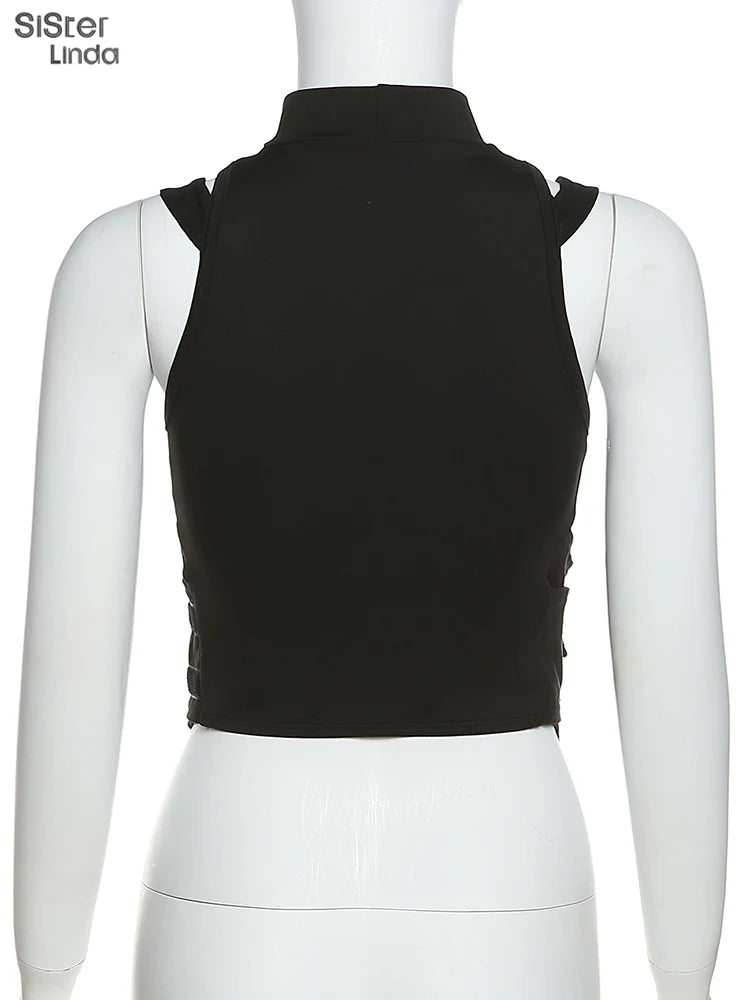 Sisterlinda Spring Mesh Patchwork Sexy Cool Moto Y2K Tank Top Women Skinny Belt Zip Multi-Layer Sporty Locomotive Trend Vest2022