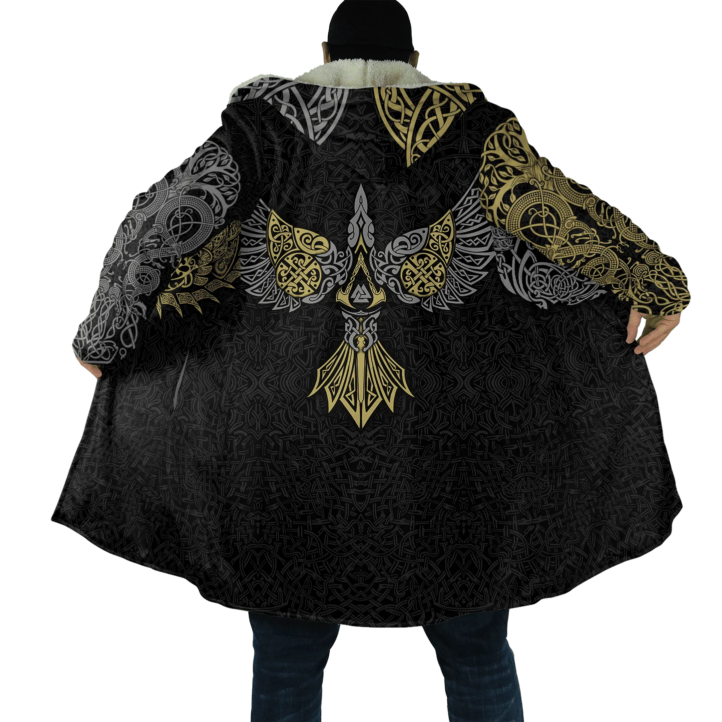 2023 Winter Mens Cloak Huginn Ravens of Midgard Gold 3D Printing Fleece Hooded cloak Unisex Casual Thick Warm Cape coat PF39