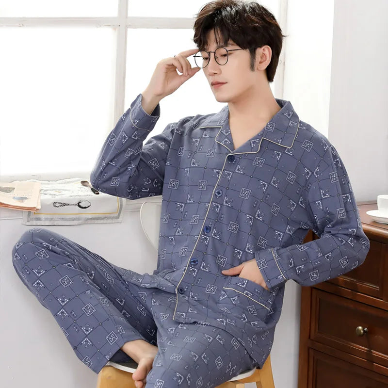 Winter 100% Cotton Pajamas Men Blue Sleepwear Warm Pyjama Homme Cotton Pijamas Hombre Invierno Cotton Plaid Pyjamas Plus Size