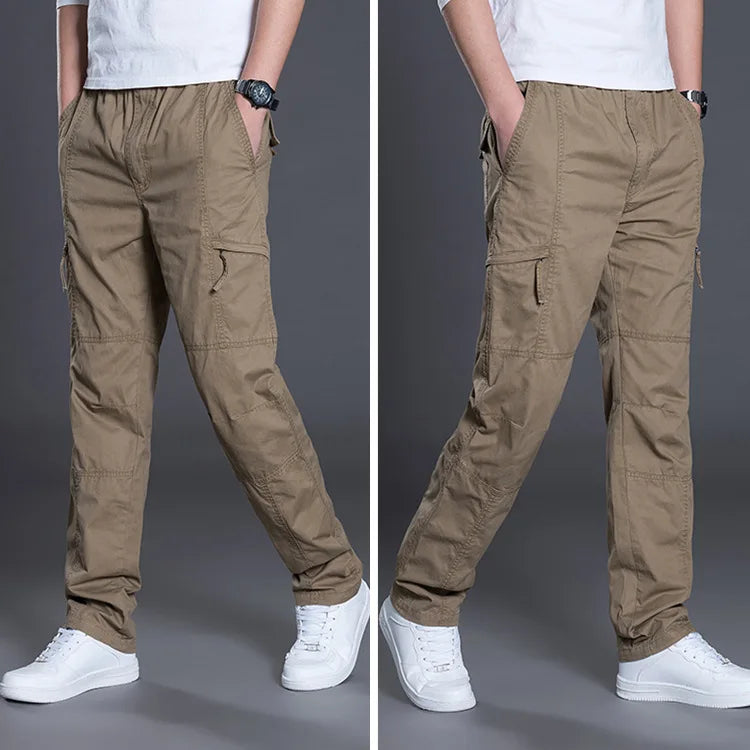 Zipper Cargo Pants Men Pocket OutDoor Full Length Pants Male Summer Straight Trousers Homme Loose Cotton Casual Pants Grey