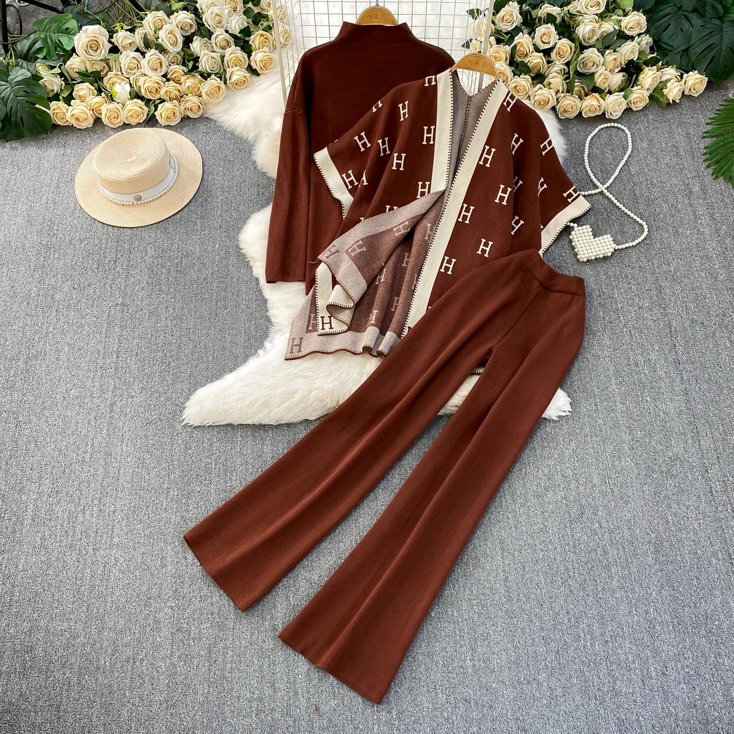 Faionable Knitted Tee-Piece Set Women's Loose Fit Autumn Winter Cardigan Embroidered Letter Sweatirt Wide Leg Pants