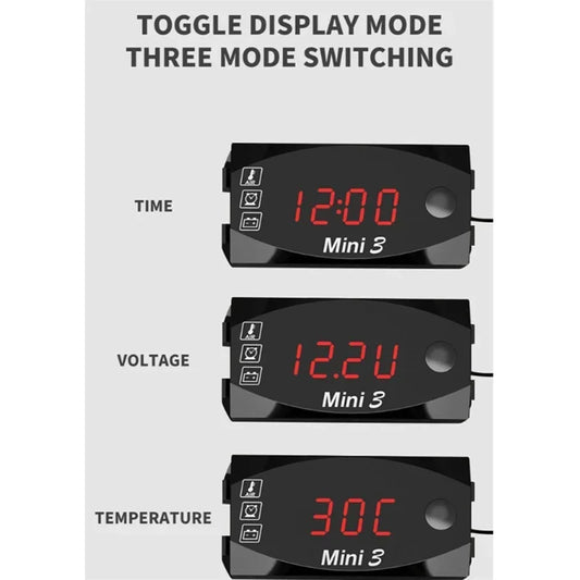 3 In 1 Digital Time Car Clock Motorcycle Boat DC 6V-30V Multi Thermometer Voltmeter LED Audio Usb Switch Waterproof Tester