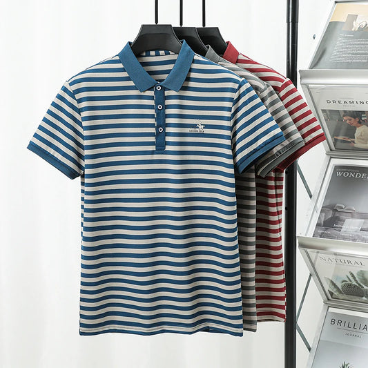 Spring New Men's Collar Polo Shirt Striped Cool Breathable T-shirt Base Shirt