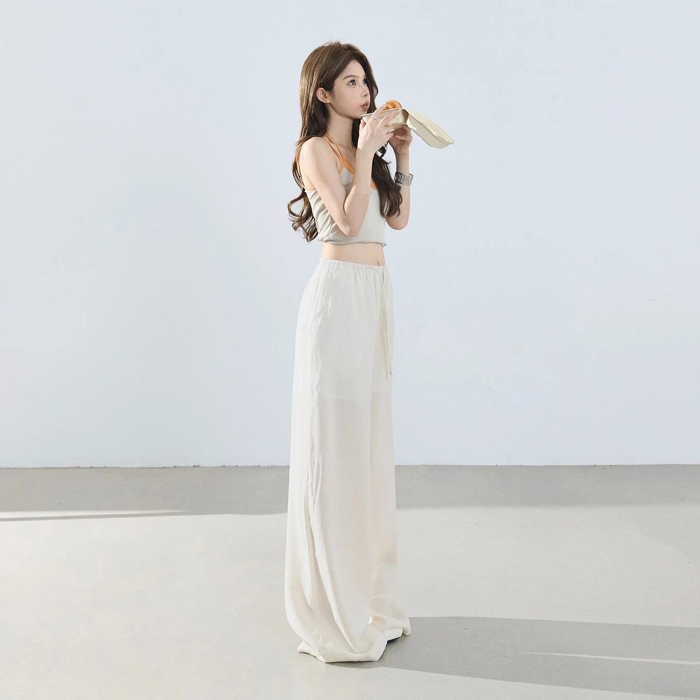 Loose wide-leg pants, classic style, drapey floor-length with drawstring, versatile thin linen straight casual pants for women