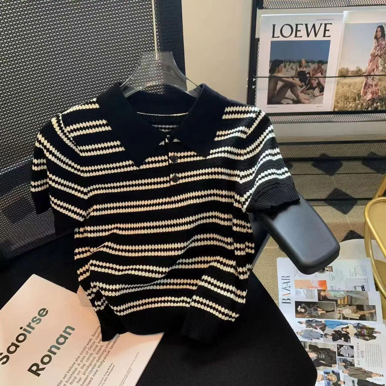Summer New Polo Collar Fashion Short Sleeve Polo Shirts Women High Street Casual Striped Contrast Color Button Knitting Pullover