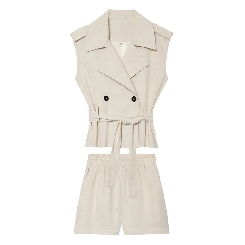 European and American style 2026 summer new style double-breasted vest with belt and elastic waist casual shorts suit
