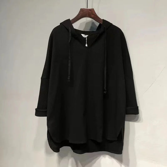 plus Size Women's Long Sleeve T-Shirt Loose Fit Belly Covering Spring Autumn Korean Style Hooded Asymmetrical Hemline Slimmin...