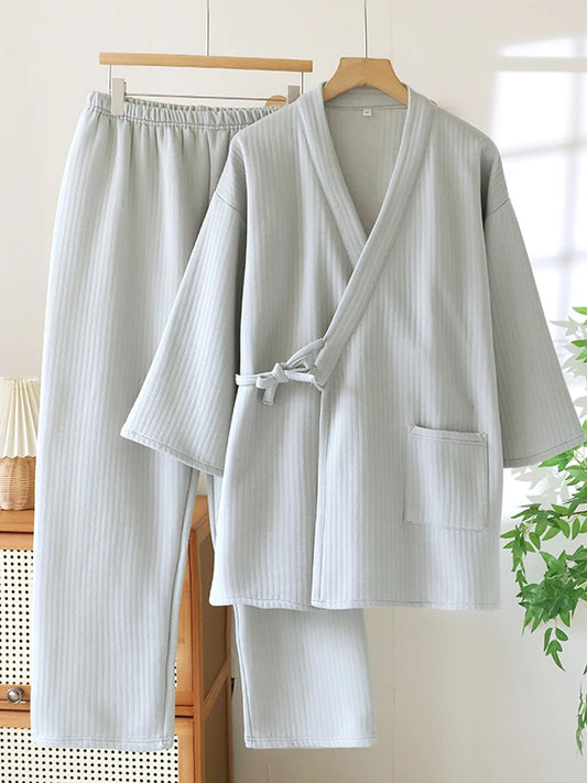 Thickened Cotton Kimono Style Men's Sleepwear Air Layer Home Clothes Autumn Winter Home Stay Air Conditioned Room Unisex