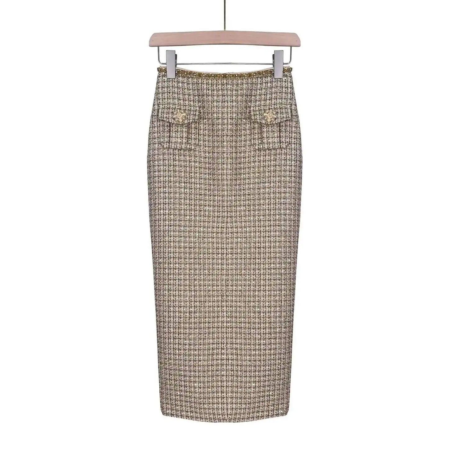 Autumn Winter Small Fragrant Style Gold Plaid Coarse Knitted Two Piece Set Women Suit Coat Tweed Jackets Midi Long Skirts Sets