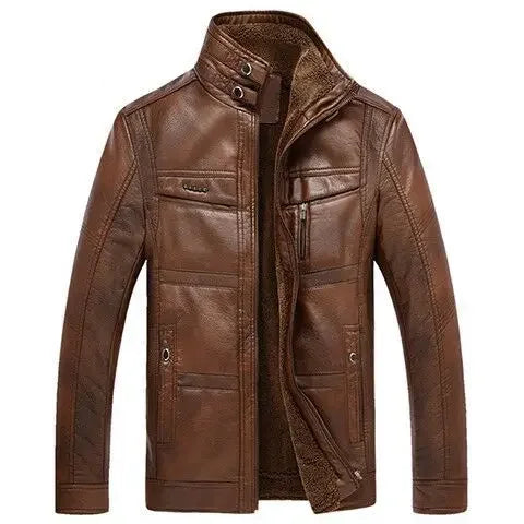Autumn Winter Men Leather Jacket Fleece Warm Retro Business Casual PU Leather Coat Zipper Long Sleeve Windproof Outerwear New
